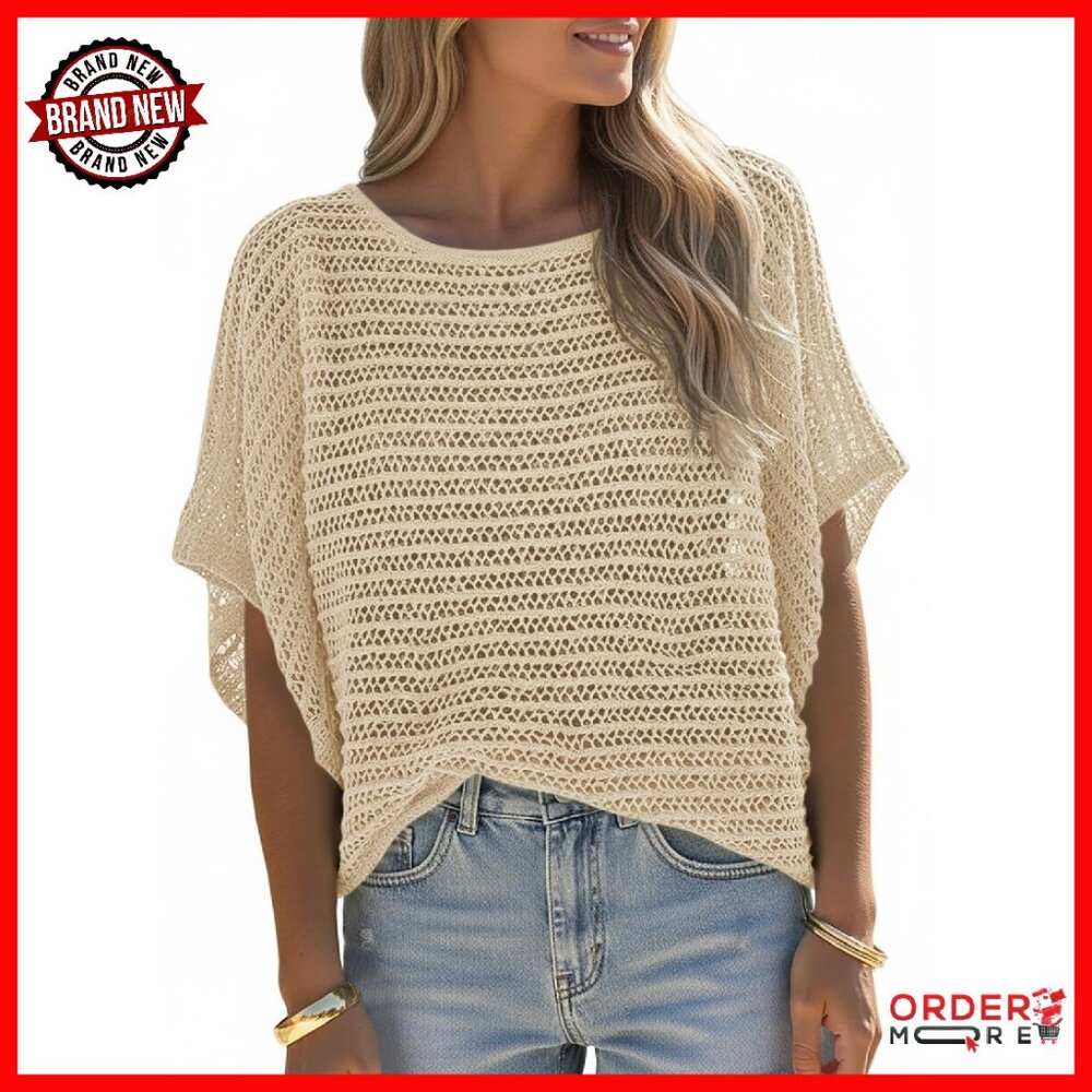 Oversized Crochet Mesh Knit Top Batwing Sleeve Summer Beach Cover Up